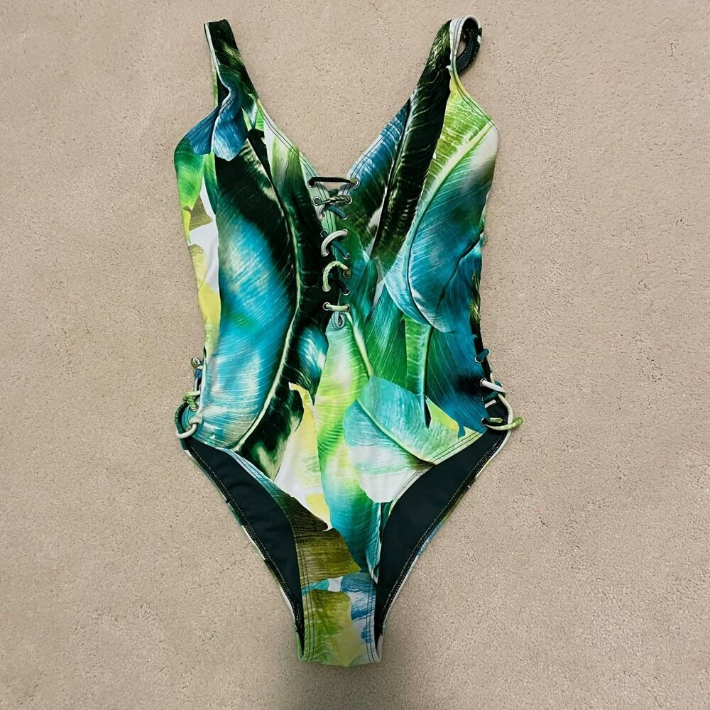 TiniBikini Tropical Lace-Up Plunge One-Piece Swimsuit Size M  NWT - Picture 2 of 9